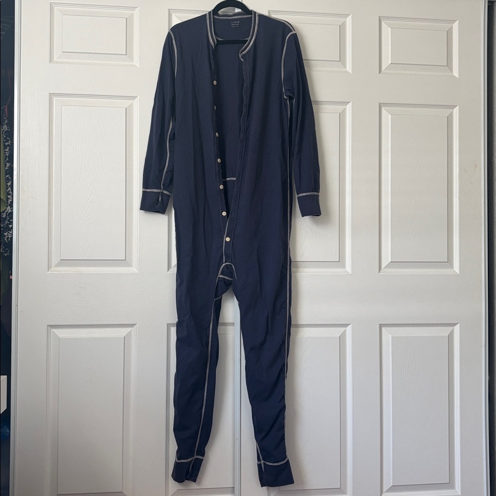 J Crew Union suit mens M Blue Pajamas rear flap Henley Nostalgic 100% Cotton - Picture 2 of 11
